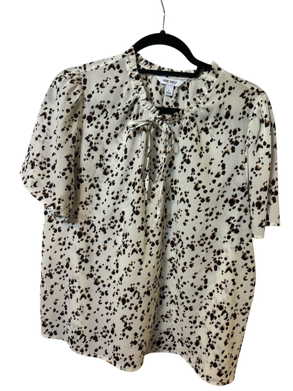 Nine West White Black Brown Print Blouse Large Short Sleeve Work Business Casual
